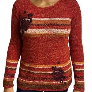 Vintage Y2K Crazy Horse Collection Rust Knit Sweater Floral Embroidered Small‎